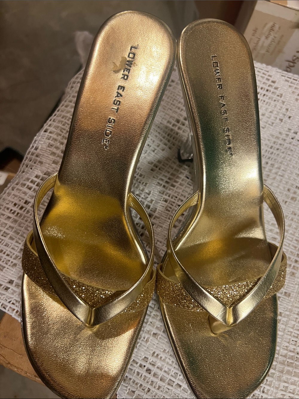 LOWER EAST SIDE Gold Glitter Strap Slide Heels